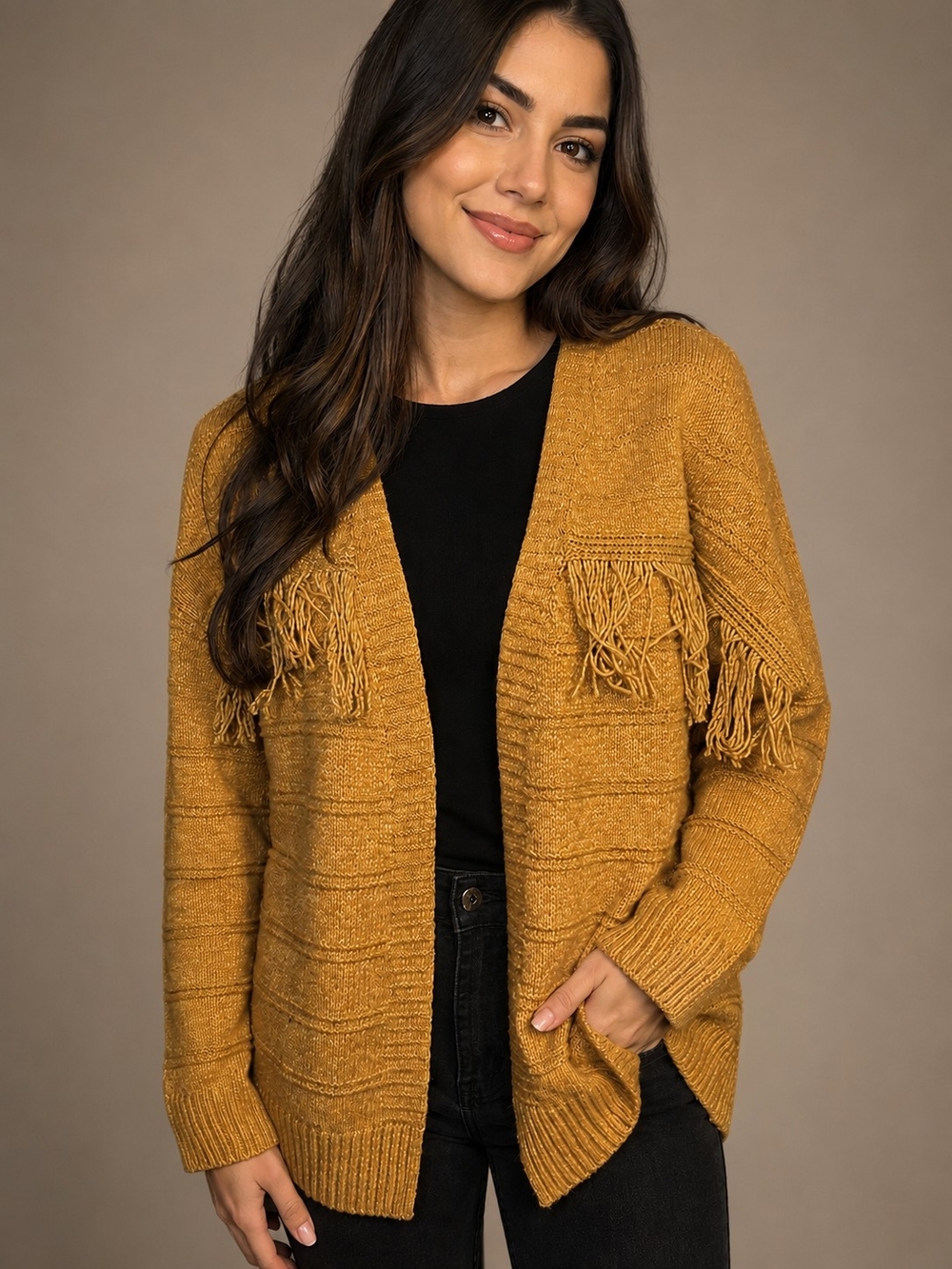 Maurices Mustard Fringe Knit Open Cardigan